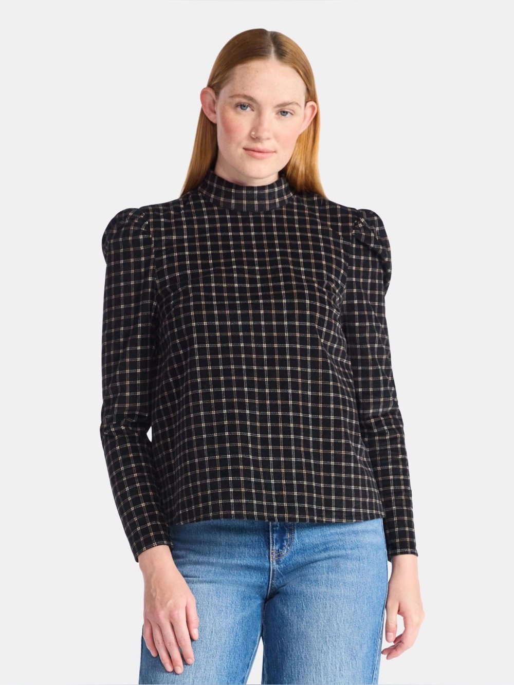 Terra & Sky High Neck Black Plaid Puff-Sleeve Top bow tie back size XXL nwt